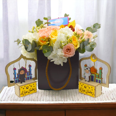 Garden of Love Ramadan Collection, Floral Box Arrangement, Rose Creme, Hydrangea, Cymbidium, Spray Rose, Limonium, Eucalyptus, Ramadan Gift, Basket Bag